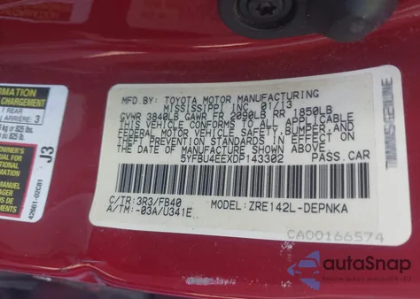 2013 Toyota Corolla Le from USA, damaged, VIN 5YFBU4EEXDP143302